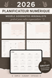 Image d'un planner numérique minimaliste 2026 sur un bureau moderne