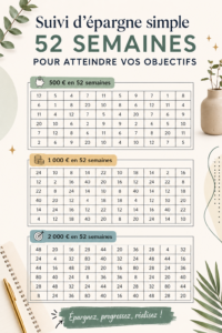 Illustration d'un tracker d'épargne de 52 semaines sur un bureau avec des fournitures de bureau.