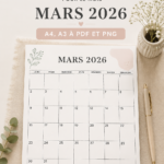 Calendrier imprimable pour mars 2026 avec design élégant et fonctionnel.