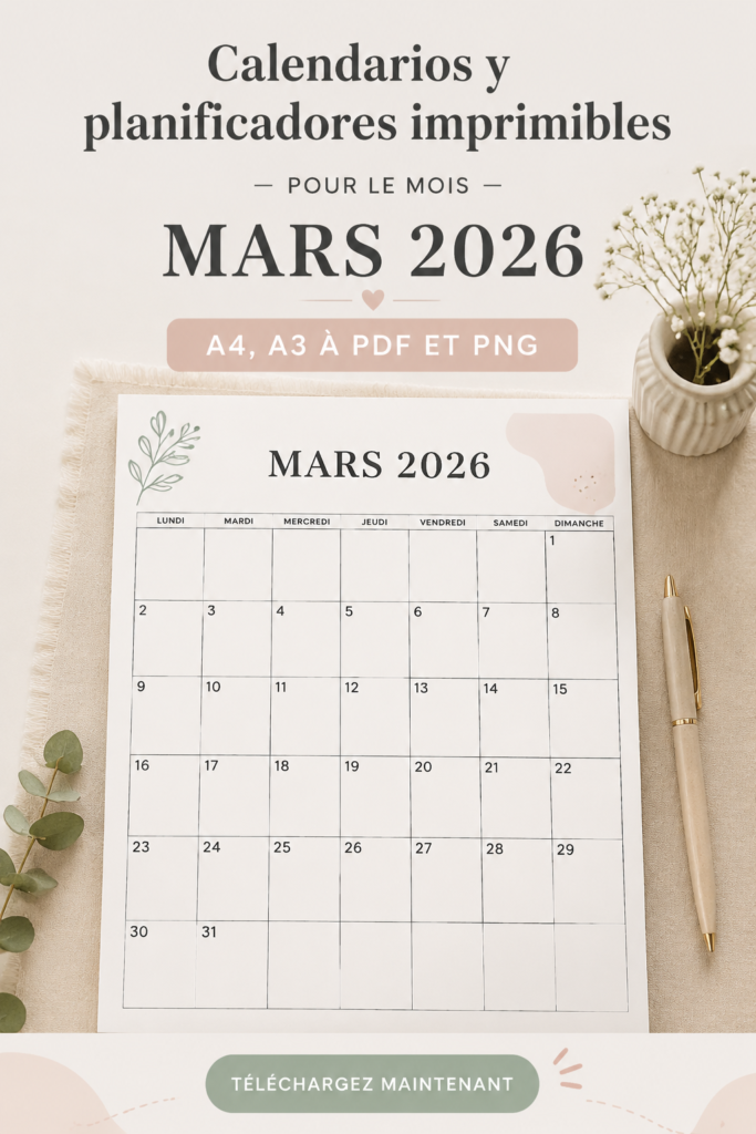 Calendrier imprimable pour mars 2026 avec design élégant et fonctionnel.