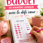 Une femme souriante regardant son budget avec des éléments de jeu autour d'elle, représentant le défi cœur.