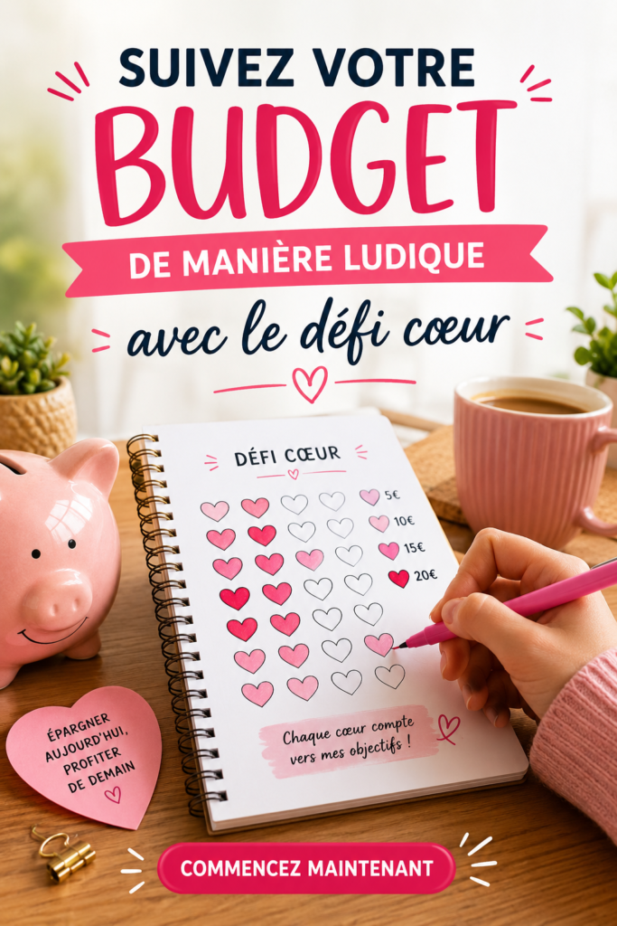 Une femme souriante regardant son budget avec des éléments de jeu autour d'elle, représentant le défi cœur.
