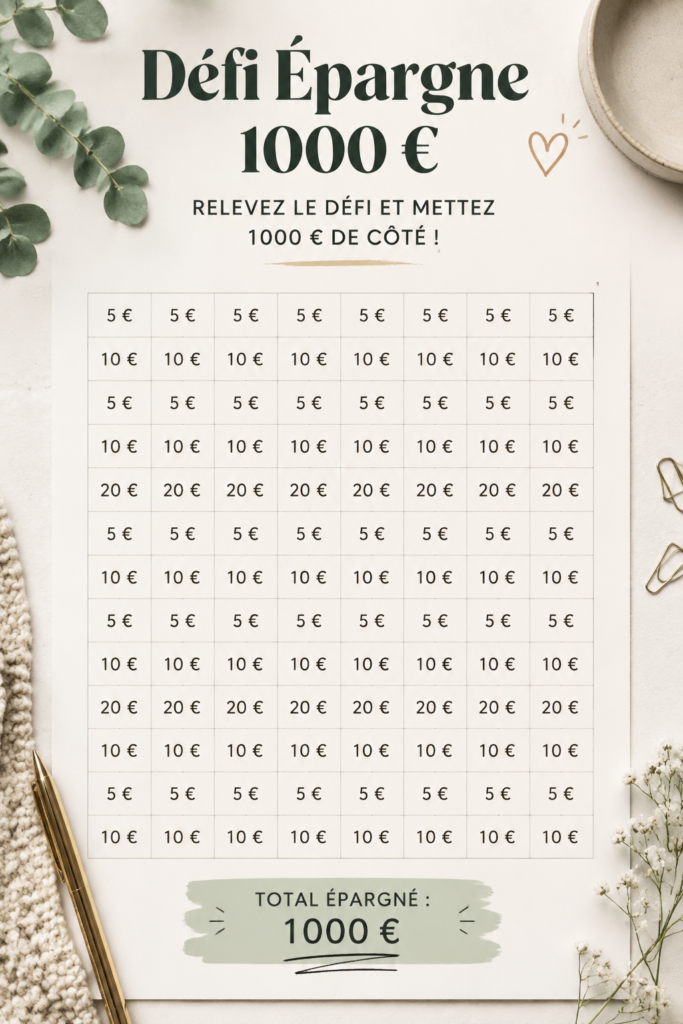 Un carnet d'épargne avec des billets de 1000 euros et des tableaux de suivi.