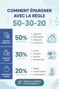 Illustration de la règle 50-30-20 pour la gestion des finances personnelles.