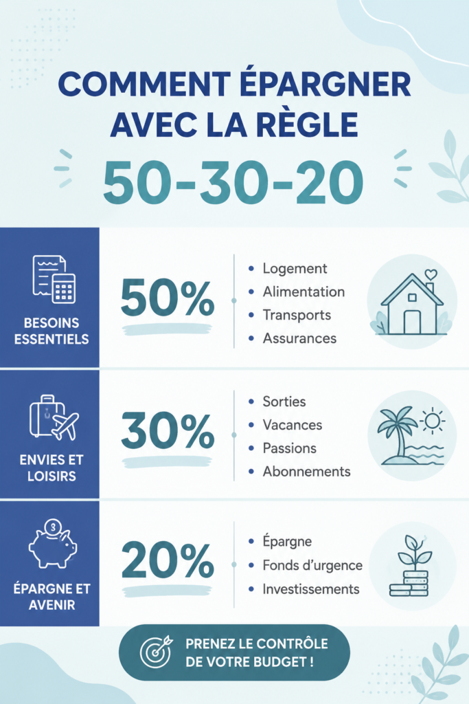 Illustration de la règle 50-30-20 pour la gestion des finances personnelles.
