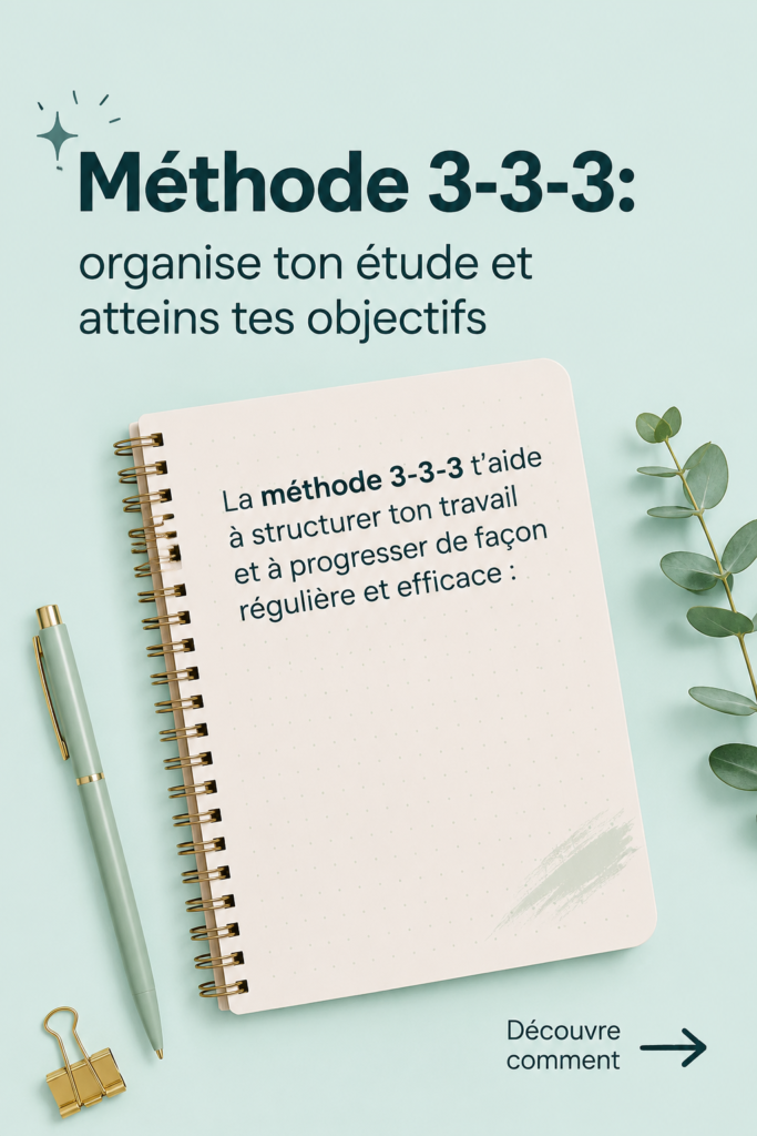 Un bureau bien organisé avec des fournitures d'études, représentant la méthode 3-3-3.