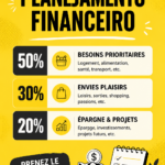 Une femme heureuse examinant ses finances avec un ordinateur et des documents, soulignant l'importance de la planification financière.