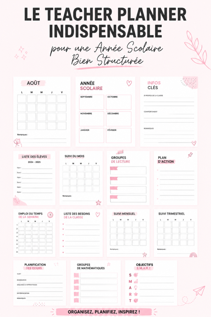 Une enseignante souriante utilise son planner pour organiser son année scolaire.