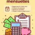 Une illustration d'un planner de budget avec des calculs et des notes, représentant la gestion des dépenses mensuelles.