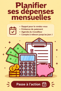 Une illustration d'un planner de budget avec des calculs et des notes, représentant la gestion des dépenses mensuelles.
