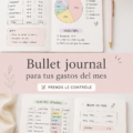 Une femme écrivant dans son bullet journal avec des graphismes colorés sur la gestion des finances.