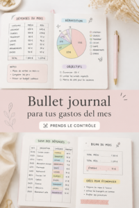 Une femme écrivant dans son bullet journal avec des graphismes colorés sur la gestion des finances.