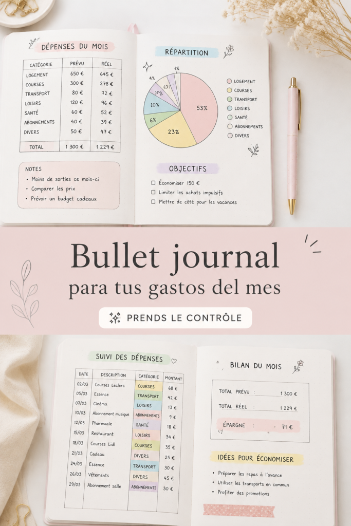 Une femme écrivant dans son bullet journal avec des graphismes colorés sur la gestion des finances.