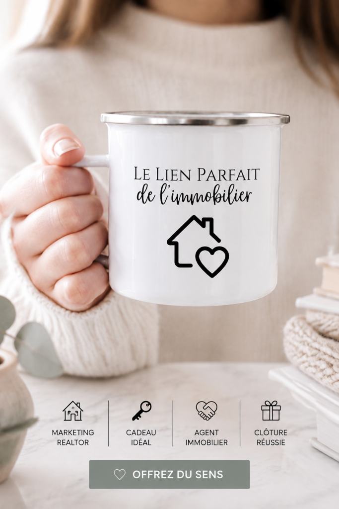 Une tasse en émail humoristique dédiée aux agents immobiliers, symbolisant le monde de l'immobilier.