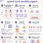 Femme écrivant sur un carnet avec une tasse de thé, représentant la gestion des priorités