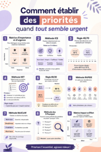 Femme écrivant sur un carnet avec une tasse de thé, représentant la gestion des priorités