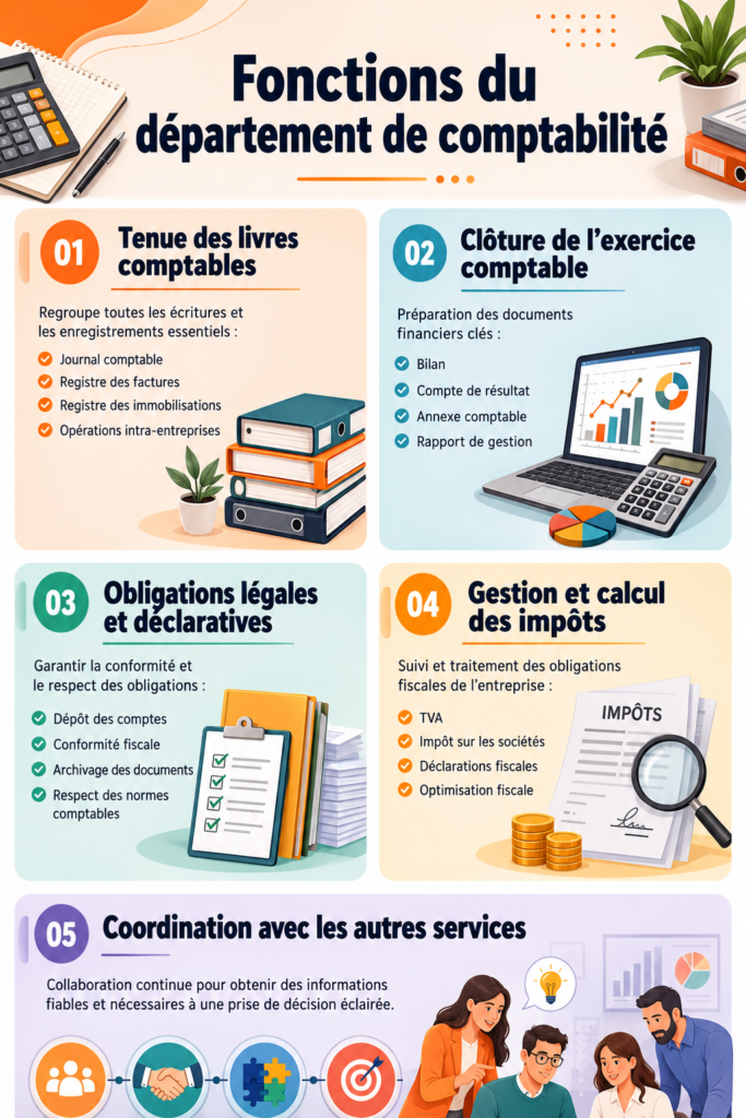 Illustration représentant les principales fonctions d'un service comptable, avec une femme qui gère son budget.