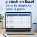 Femme gérant son inventaire sur Excel, centrée sur son ordinateur avec des graphiques et tableaux.