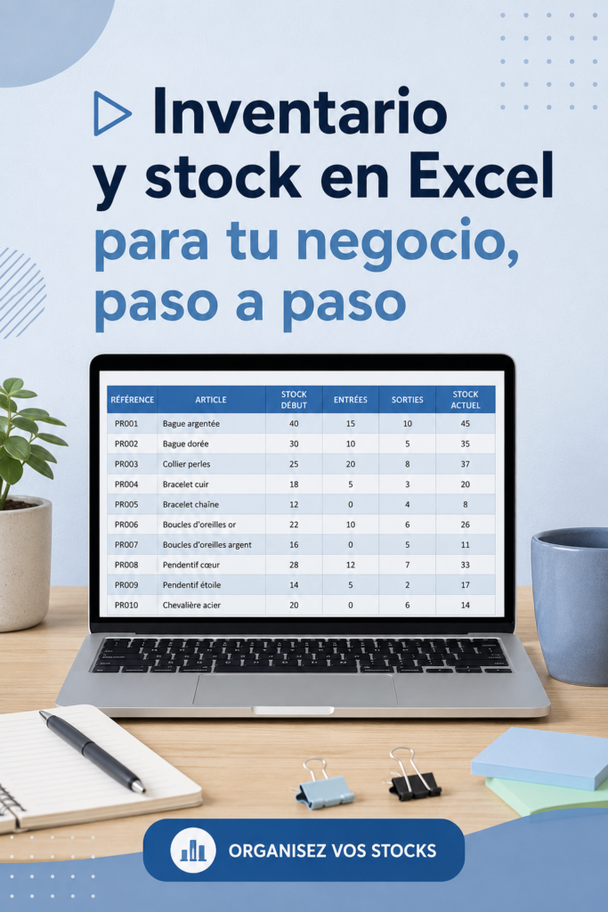Femme gérant son inventaire sur Excel, centrée sur son ordinateur avec des graphiques et tableaux.