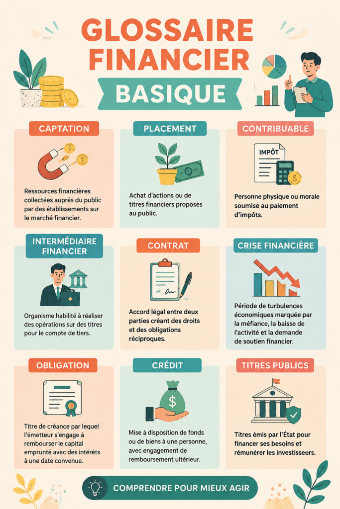 Illustration d'un glossaire financier mettant en avant des termes clés