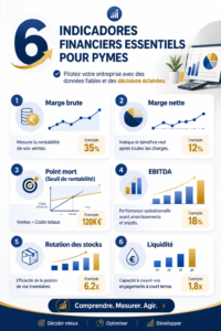 Femme entrepreneur réfléchissant à la gestion financière d'une PME avec des graphiques et des indicateurs