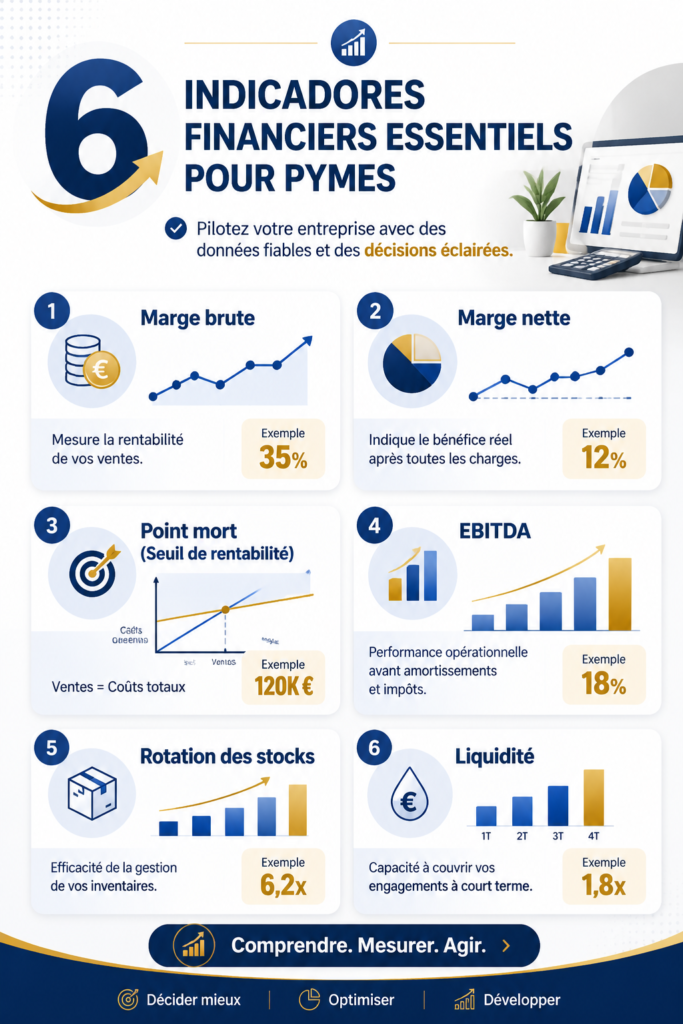 Femme entrepreneur réfléchissant à la gestion financière d'une PME avec des graphiques et des indicateurs
