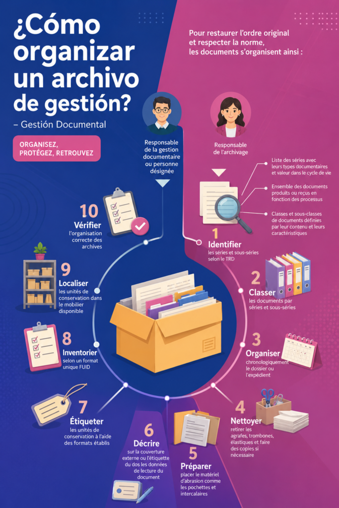 Une femme souriante organisant ses documents de gestion avec un sourire.