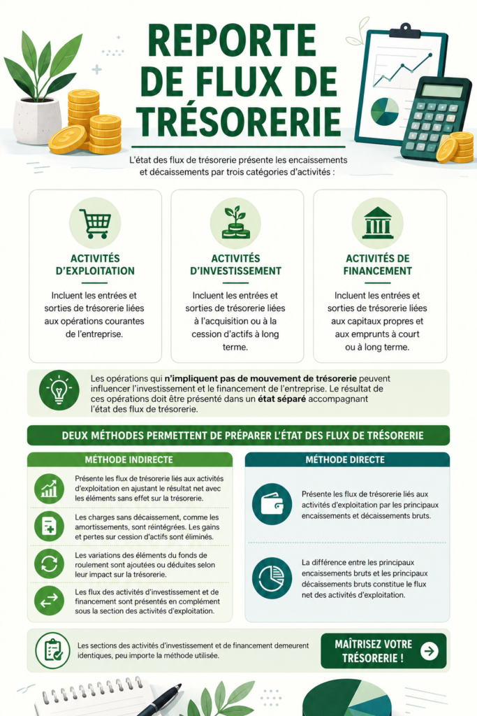 Visuel représentant un tableau de flux de trésorerie avec des notes explicatives