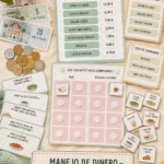 Jeune femme réalisant une simulation ludique de gestion budgétaire autour d'un jeu de restaurant