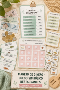Jeune femme réalisant une simulation ludique de gestion budgétaire autour d'un jeu de restaurant