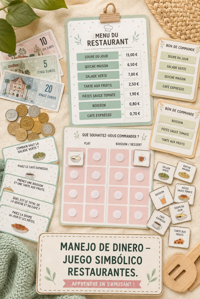Jeune femme réalisant une simulation ludique de gestion budgétaire autour d'un jeu de restaurant