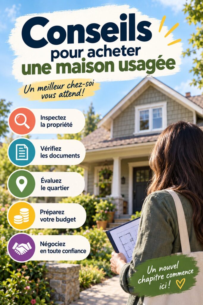 Une femme examine une maison d'occasion avant de l'acheter, représentant le processus d'achat immobilier.