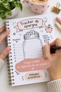Femme souriante planifiant son budget d'épargne à l'aide d'un ordinateur et d'un carnet.