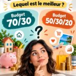 Illustration d'une femme utilisant une application de gestion financière pour choisir un budget efficace.