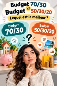 Illustration d'une femme utilisant une application de gestion financière pour choisir un budget efficace.
