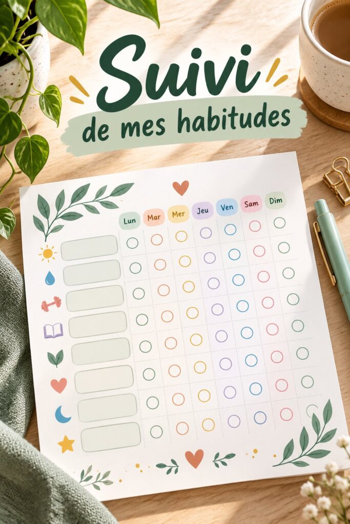 Un carnet d'habitudes ouvert avec des écrits et des marqueurs colorés