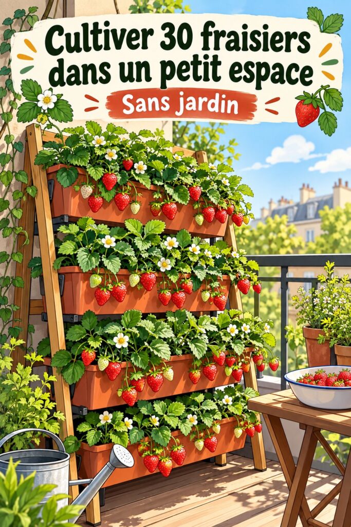 Des fraises fraîches cultivées dans des pots sur un balcon ensoleillé