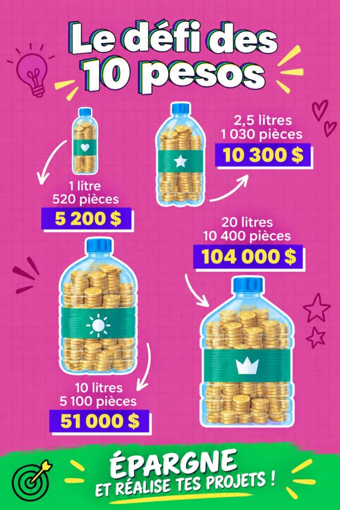 Image représentant un défi budget de 10 euros sur une table avec des notes