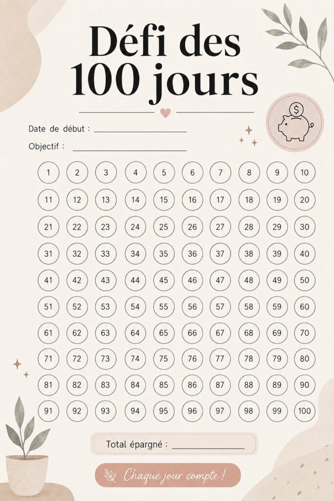Une illustration du défi d'économie de 100 jours avec un design minimaliste