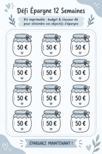 Un kit d'économie avec des imprimables et un classeur pour un défi d'épargne de 12 semaines.