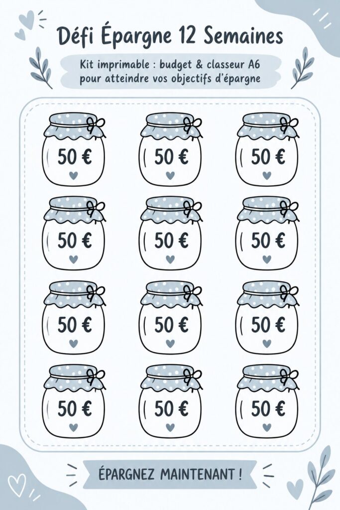 Un kit d'économie avec des imprimables et un classeur pour un défi d'épargne de 12 semaines.