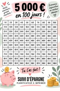 Femme heureuse affichant un tableau de suivi d'économies pour le défi de 5000 €