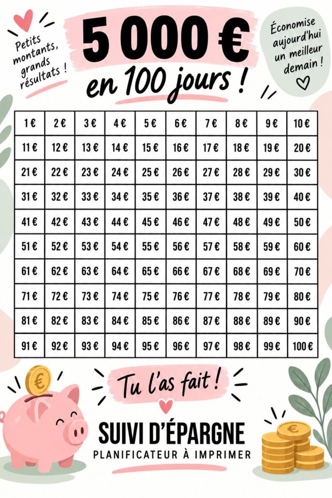 Femme heureuse affichant un tableau de suivi d'économies pour le défi de 5000 €