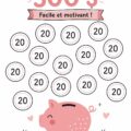 Un défi d'épargne de 300 dollars avec un cochon tirelire et un suivi des économies.