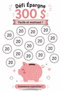 Un défi d'épargne de 300 dollars avec un cochon tirelire et un suivi des économies.