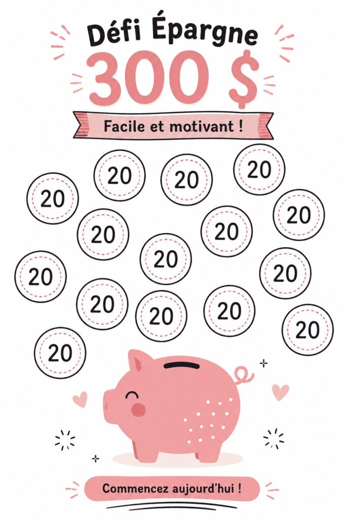 Un défi d'épargne de 300 dollars avec un cochon tirelire et un suivi des économies.