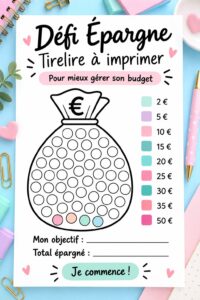 Femme heureuse tenant un tracker budgétaire imprimable et une tirelire pour épargner