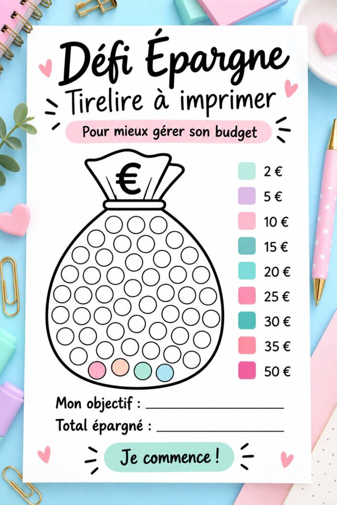 Femme heureuse tenant un tracker budgétaire imprimable et une tirelire pour épargner