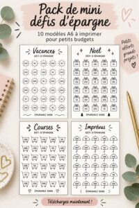 Visuel d'un ensemble de défis d'épargne pour petits budgets, incluant des pages imprimables.