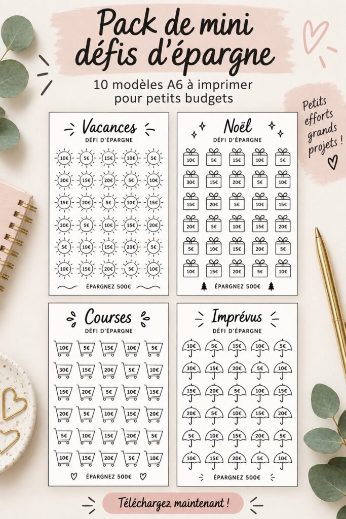 Visuel d'un ensemble de défis d'épargne pour petits budgets, incluant des pages imprimables.